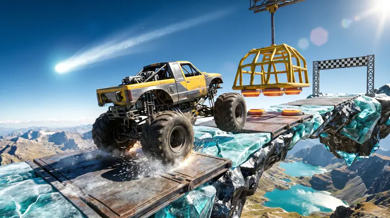 A yellow-and-gunmetal monster truck balancing on two wheels across a tilting bridge of steel plates and cracking cyan ice, with swinging magnetic hazards and a checkered finish gantry ahead above an alpine valley.