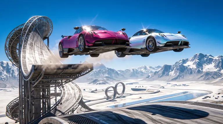 Two wide-body supercars in magenta and glacier-blue launching side by side off a towering double-helix stunt ramp over an open-world speedway.