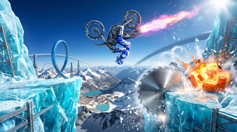 A stunt motorcyclist in a cobalt-and-white suit performing a mid-air backflip over spinning saw blades and exploding nitro barrels on a translucent cyan ice sky-highway high above snowy mountain peaks.