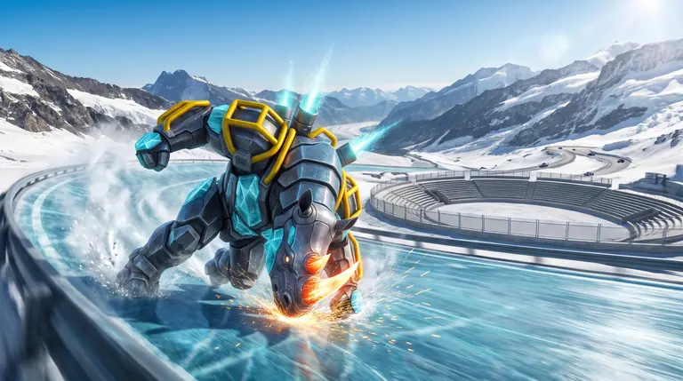 Frostarion using his glowing tungsten plasma horn to carve a banked curve into blue glacier ice at the rim of a sunlit alpine amphitheatre.